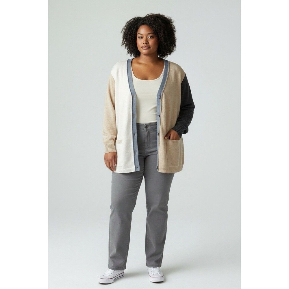 LOGO lori goldstein NWT soft colorblock 3/4 sleeve pocket cardigan XL cabincore